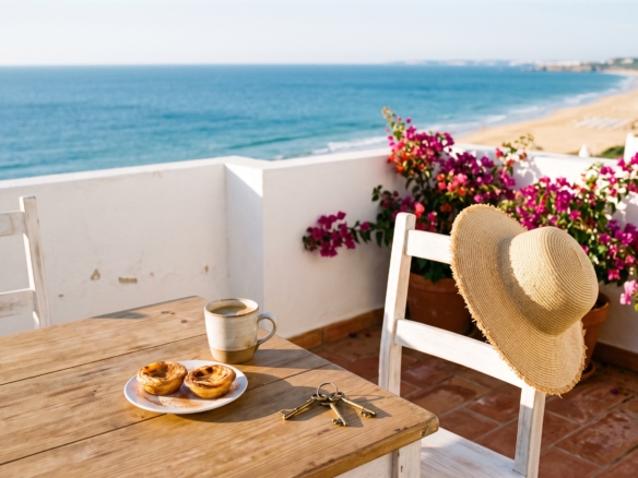 Sunlit Lagos apartment terrace overlooking Meia Praia beach in the Western Algarve, with coffee, pasteis de nata and keys on the table