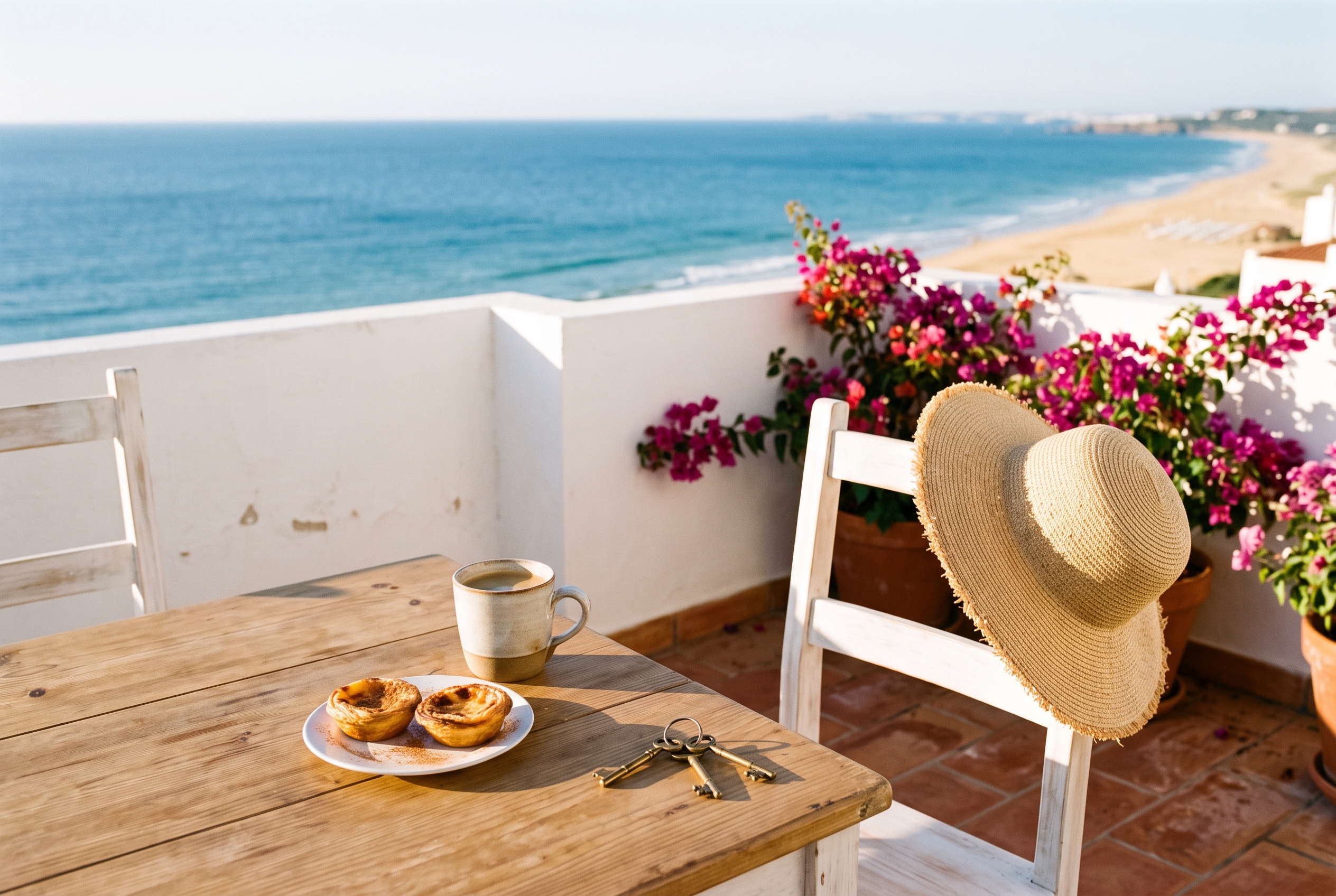 Sunlit Lagos apartment terrace overlooking Meia Praia beach in the Western Algarve, with coffee, pasteis de nata and keys on the table