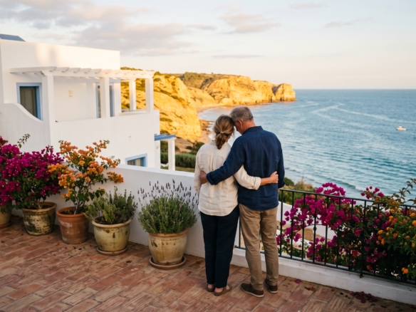 A couple looking out over the Atlantic from a whitewashed villa terrace in Praia da Luz, Western Algarve, at golden hour