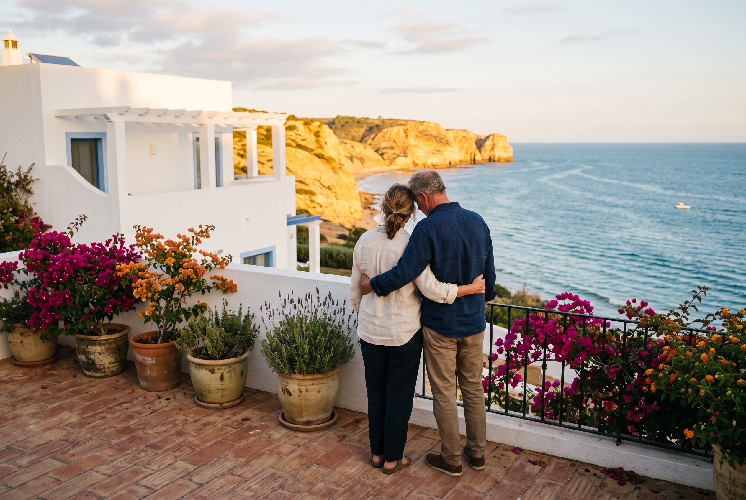 A couple looking out over the Atlantic from a whitewashed villa terrace in Praia da Luz, Western Algarve, at golden hour