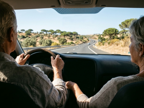 A retired couple driving on an open Algarve motorway, the journey that decides how far Western Algarve towns really are from emergency healthcare