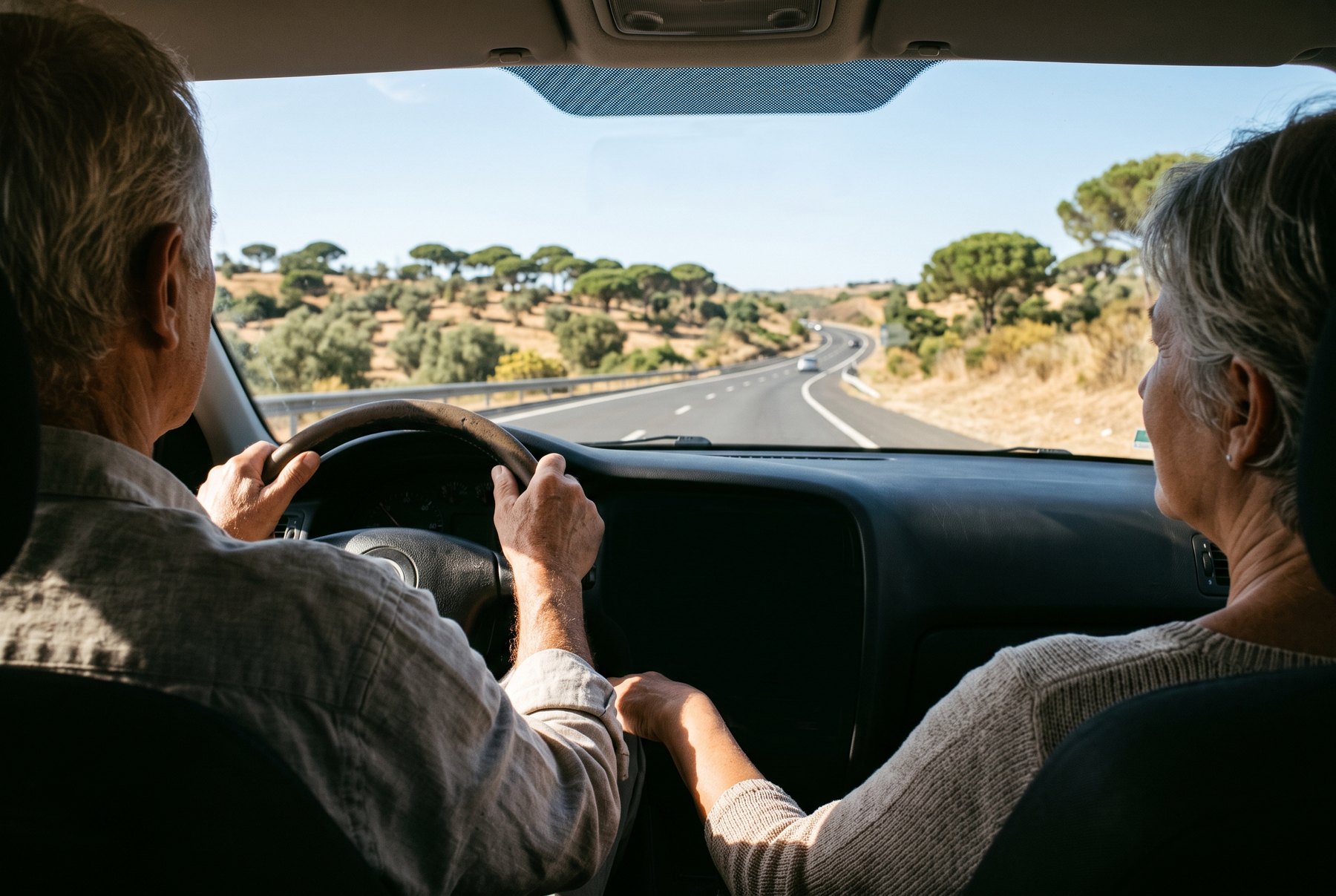 A retired couple driving on an open Algarve motorway, the journey that decides how far Western Algarve towns really are from emergency healthcare