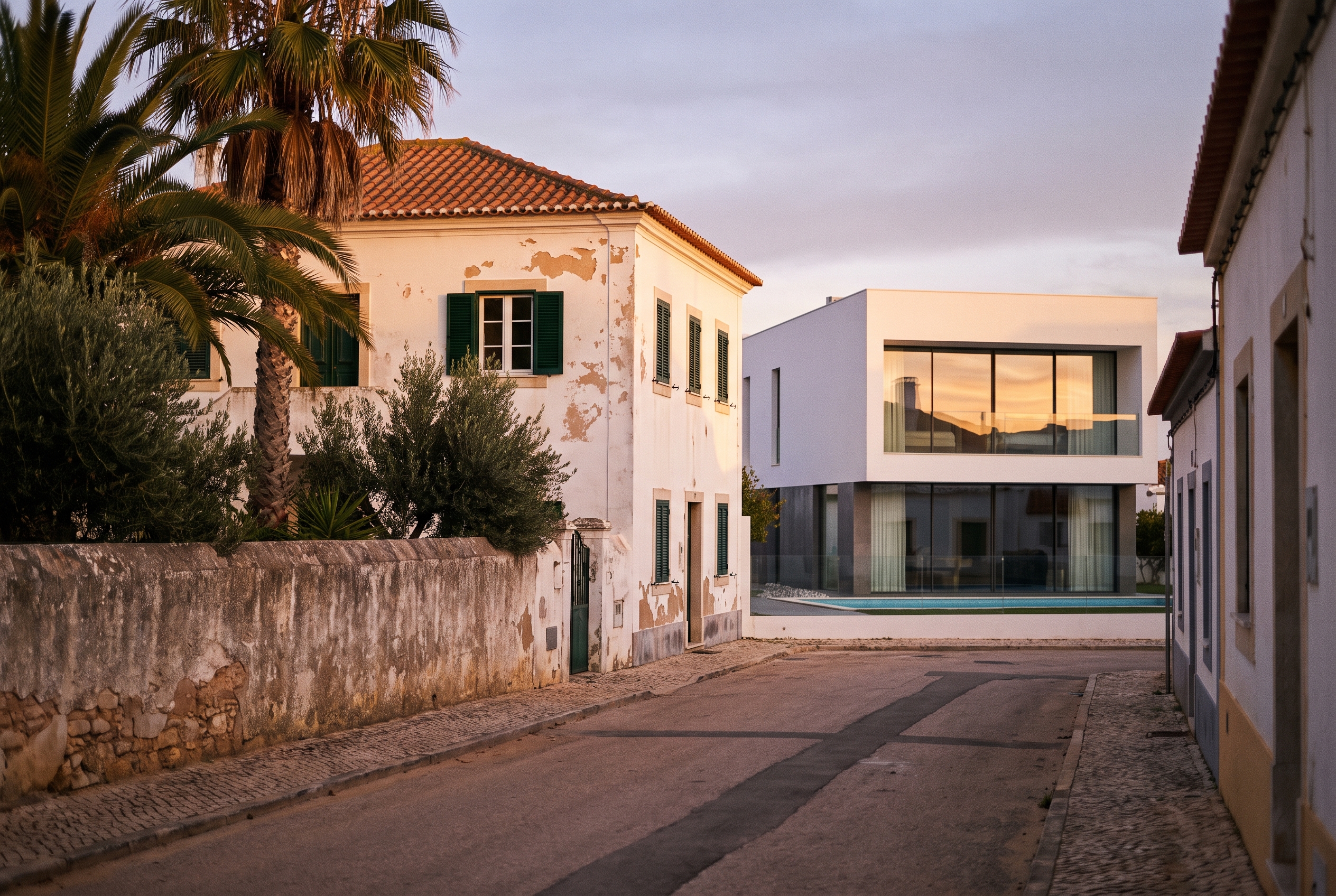 An older whitewashed Portuguese villa with green shutters next to a modern white flat-roofed new build with a pool on a quiet street in Lagos, Algarve