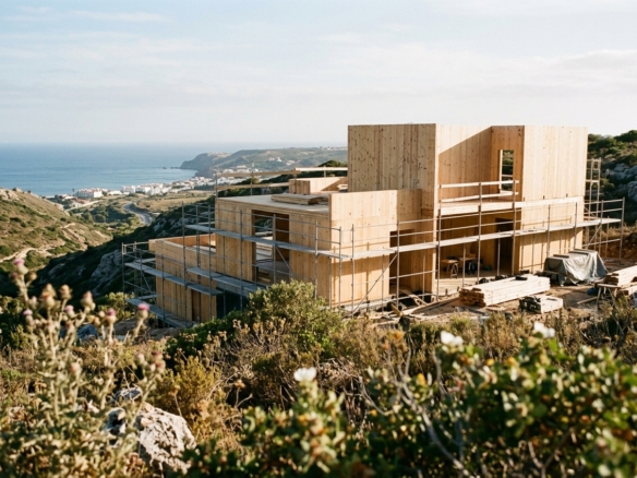 CLT timber self-build under construction overlooking the Algarve coast near Lagos, eligible for Portugal 6 percent VAT rate
