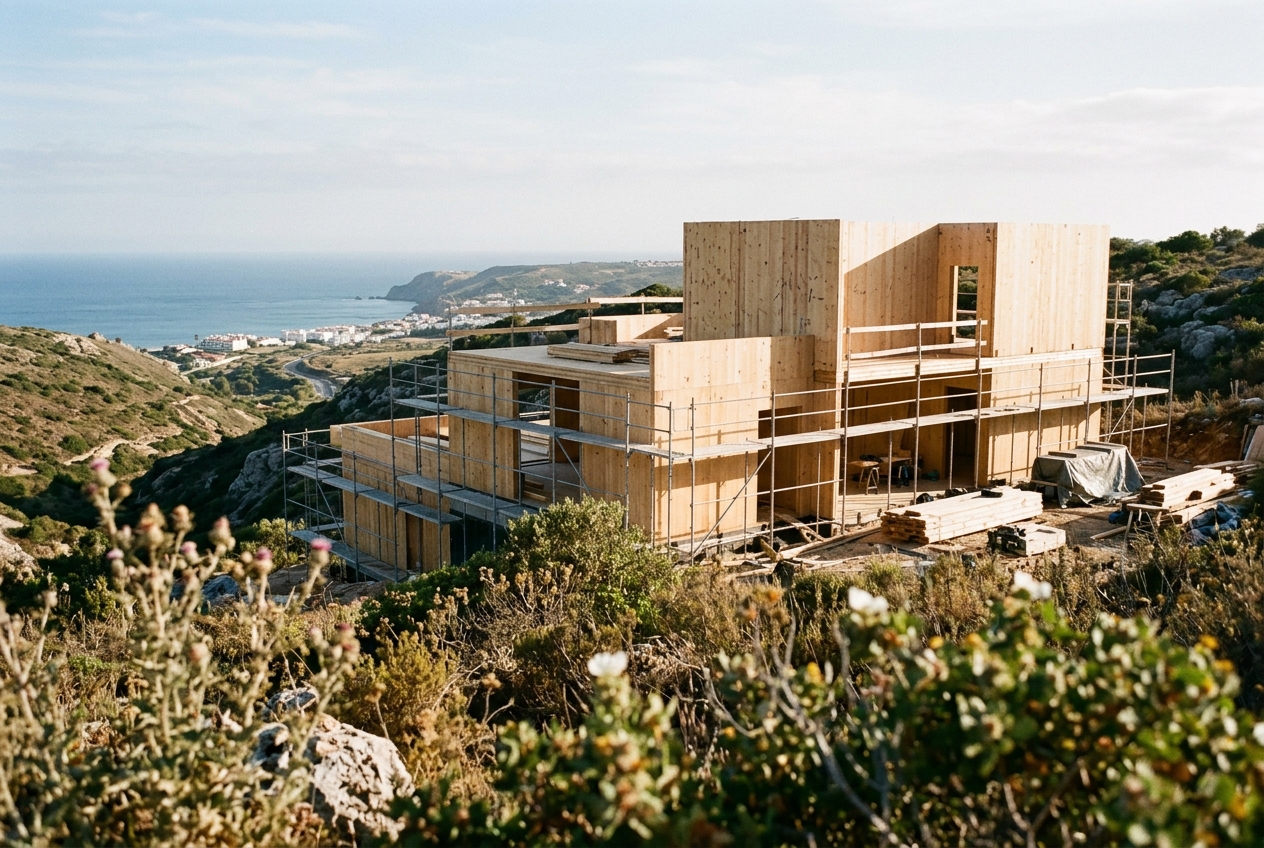 CLT timber self-build under construction overlooking the Algarve coast near Lagos, eligible for Portugal 6 percent VAT rate