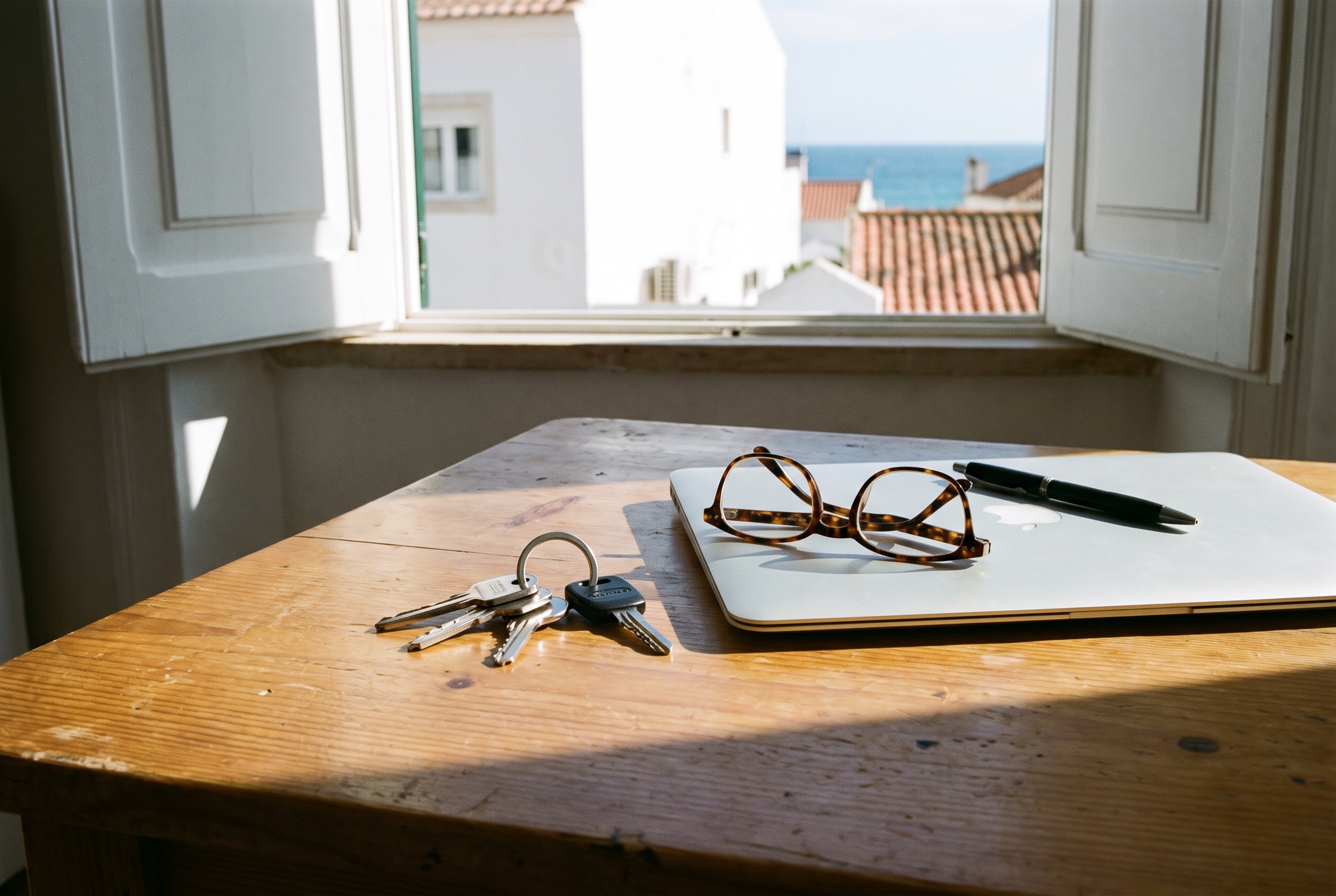 Keys, glasses and a laptop on a desk by an open shuttered window overlooking terracotta rooftops and the sea in Lagos, Algarve