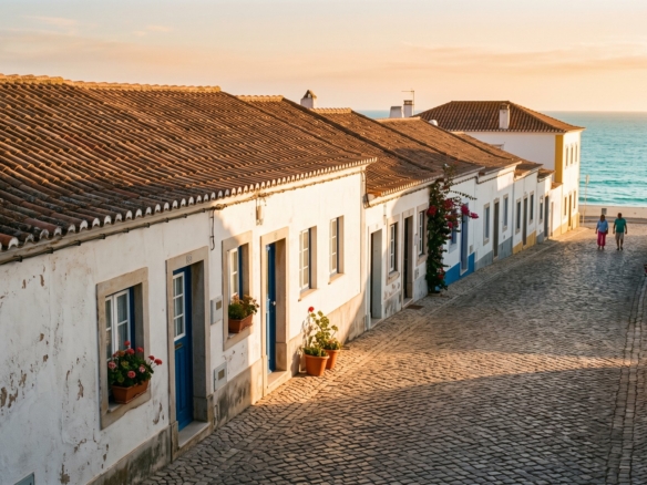 Whitewashed Portuguese village houses on a cobbled street sloping down to the Atlantic in the Western Algarve, where house prices rose 17.8 percent year on year in Q1 2026