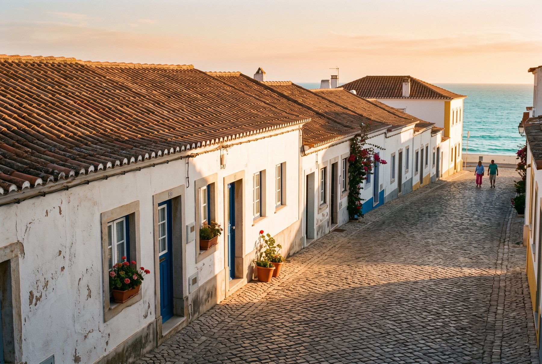 Whitewashed Portuguese village houses on a cobbled street sloping down to the Atlantic in the Western Algarve, where house prices rose 17.8 percent year on year in Q1 2026