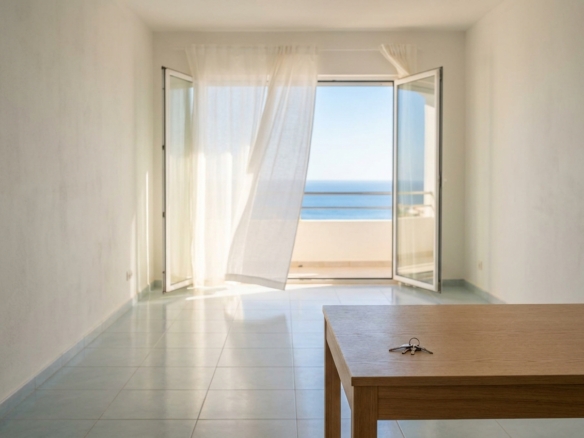 Empty apartment in the Western Algarve between tenants, balcony doors open to the sea, keys on the table