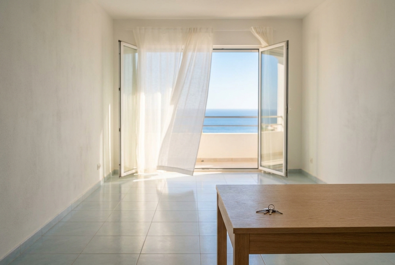 Empty apartment in the Western Algarve between tenants, balcony doors open to the sea, keys on the table