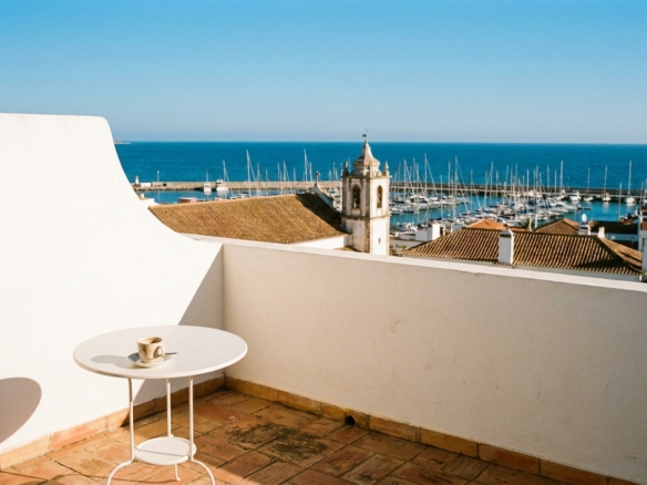 Terrace of a Lagos apartment in the Western Algarve looking over terracotta rooftops to the marina and the Atlantic