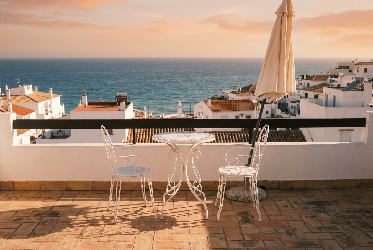 Terrace of a holiday apartment in Lagos, Algarve, overlooking terracotta rooftops and the Atlantic at sunset