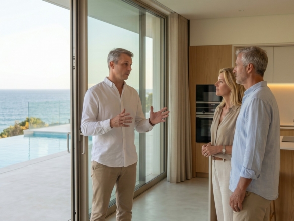 Steve Marque talking with a couple of buyers during a viewing of a sea-view home in the Western Algarve, for a guide to choosing an estate agent in Lagos