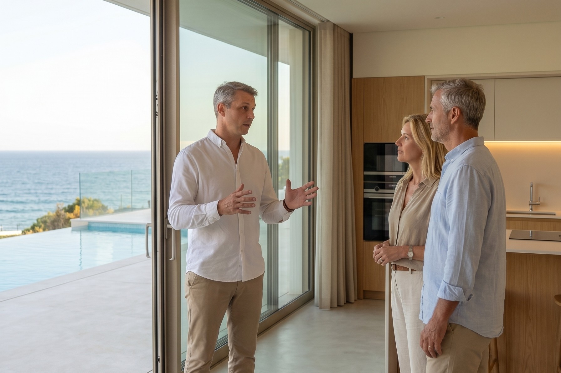 Steve Marque talking with a couple of buyers during a viewing of a sea-view home in the Western Algarve, for a guide to choosing an estate agent in Lagos