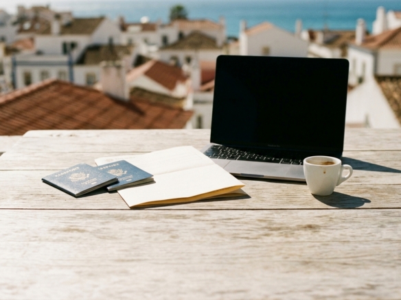 Passports and paperwork on a terrace table above the rooftops of Lagos, Portugal, for a guide to the NHR and IFICI tax regimes in 2026