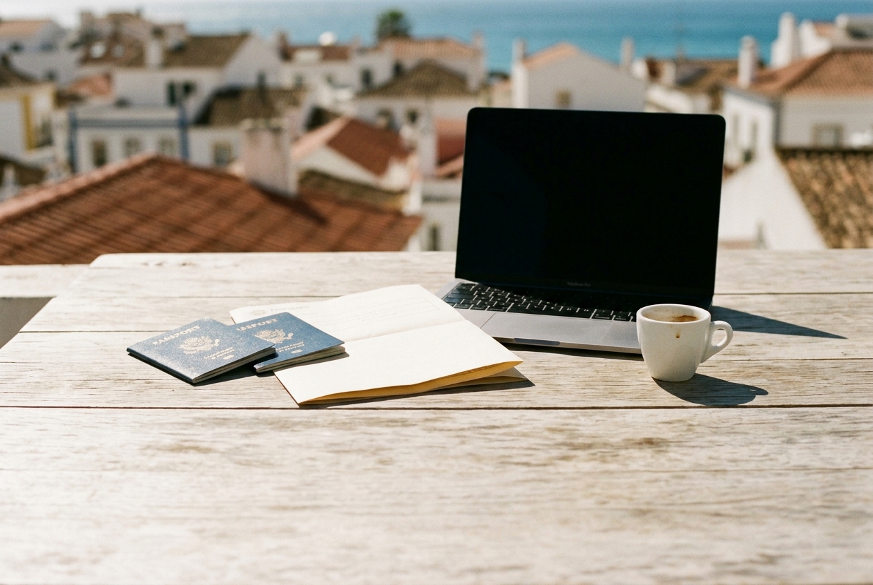 Passports and paperwork on a terrace table above the rooftops of Lagos, Portugal, for a guide to the NHR and IFICI tax regimes in 2026