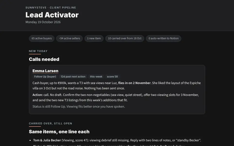 SunnySteve System: the morning lead brief (example, client names changed)