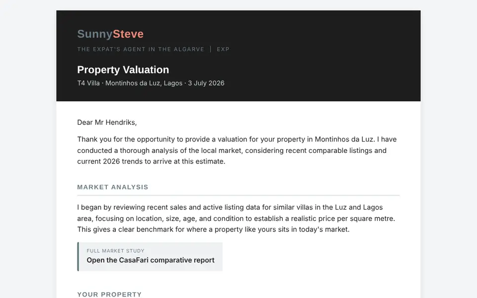 SunnySteve System: a seller valuation draft (client details changed)